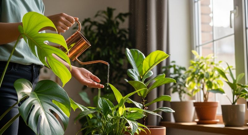 person watering indoor plants in bright room relaxing green lifestyle