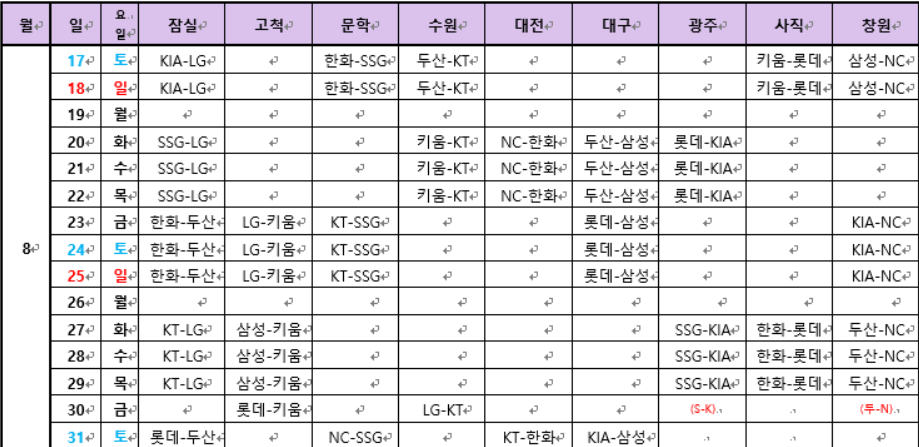 2024년 8월 잔여경기 / 8월 경기일정