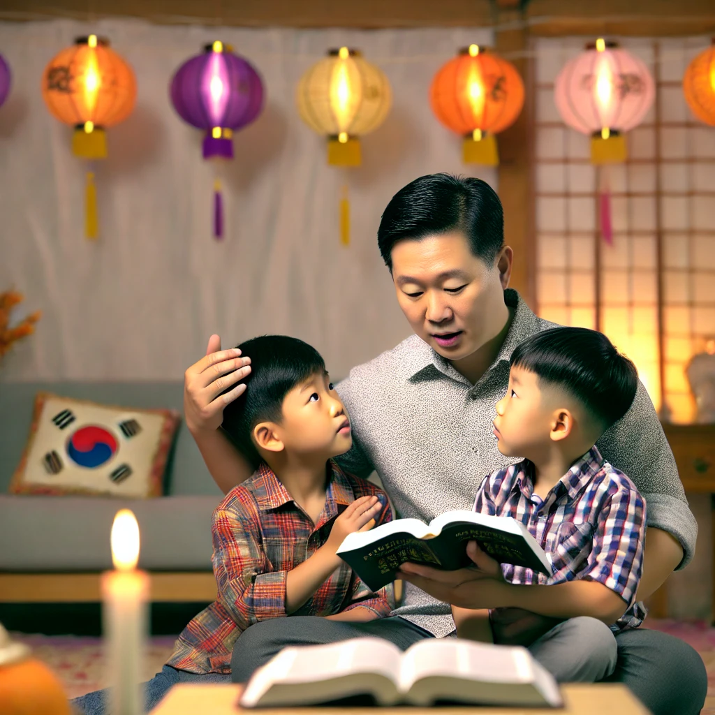 Here are two depictions of a man inspired by Ephesians 6:4, spending time with his children during Chuseok, teaching them with love and patience about the Lord's instruction. The scenes capture both the warmth of the holiday and the spiritual guidance he's providing to his children. Happy Chuseok!