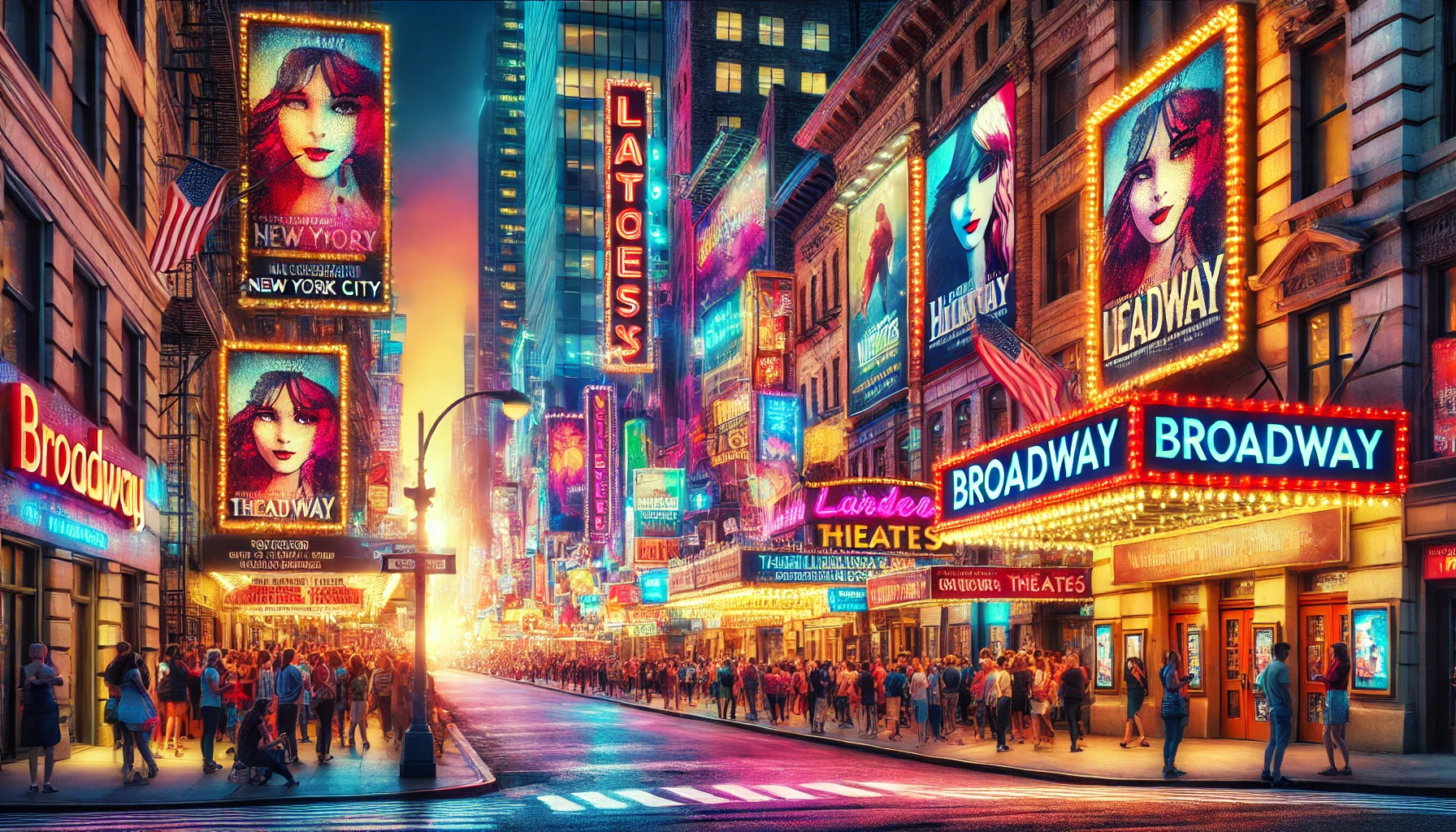 브로드웨이 극장가의 화려한 네온사인과 공연 포스터
