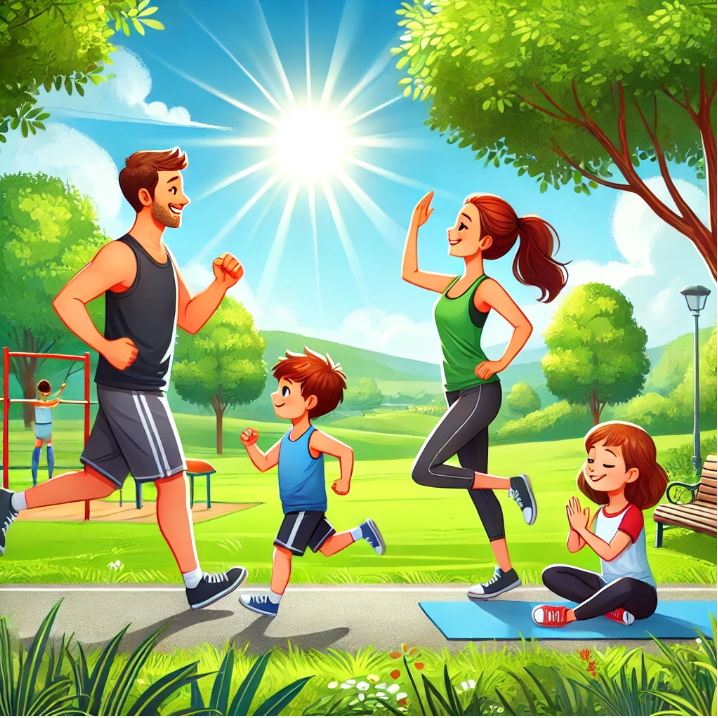 가족이 공원에서 운동하는 모습