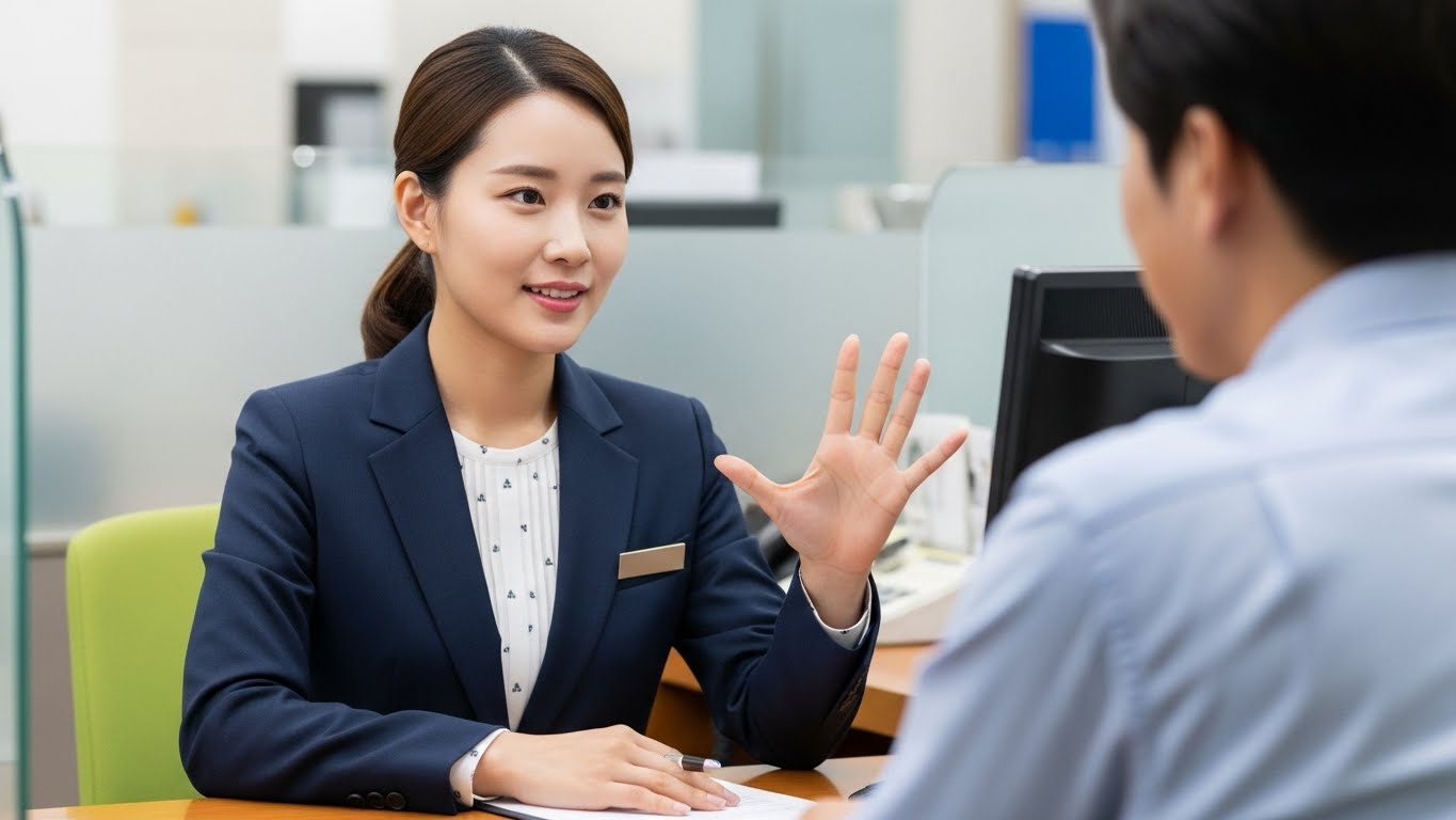 은행 창구에서 예금자 보호 한도 5천만 원에 대해 설명을 듣고 안심하는 한국인 고객
