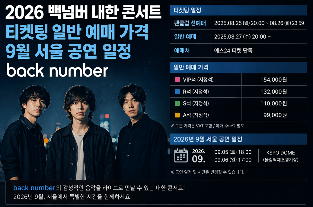 백넘버 내한 9월 서울 공연 일정 티켓가격 티켓팅 100% 성공하는 법
