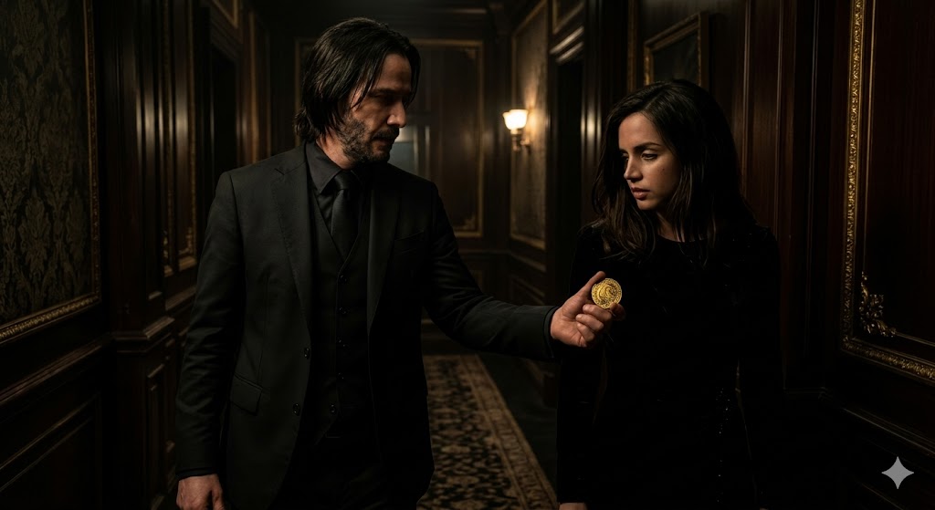 Keanu Reeves as John Wick stepping out of the shadows, offering a golden coin to Eve Macarro in a dimly lit Continental Hotel corridor.