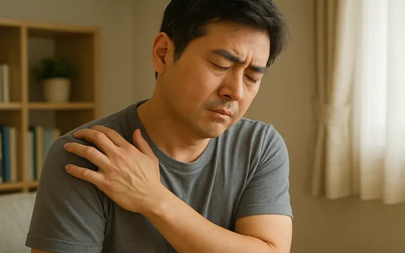 40대 남성이 어깨 통증으로 어깨를 짚고 있는 모습