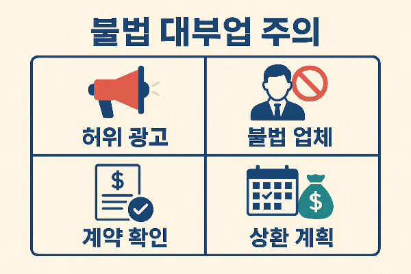 무직자 정부지원대출 관련 불법대부업 주의사항 인포그래픽으로 허위 광고, 불법 업체, 계약 확인, 상환 계획 중요성을 강조한 안내 이미지.
