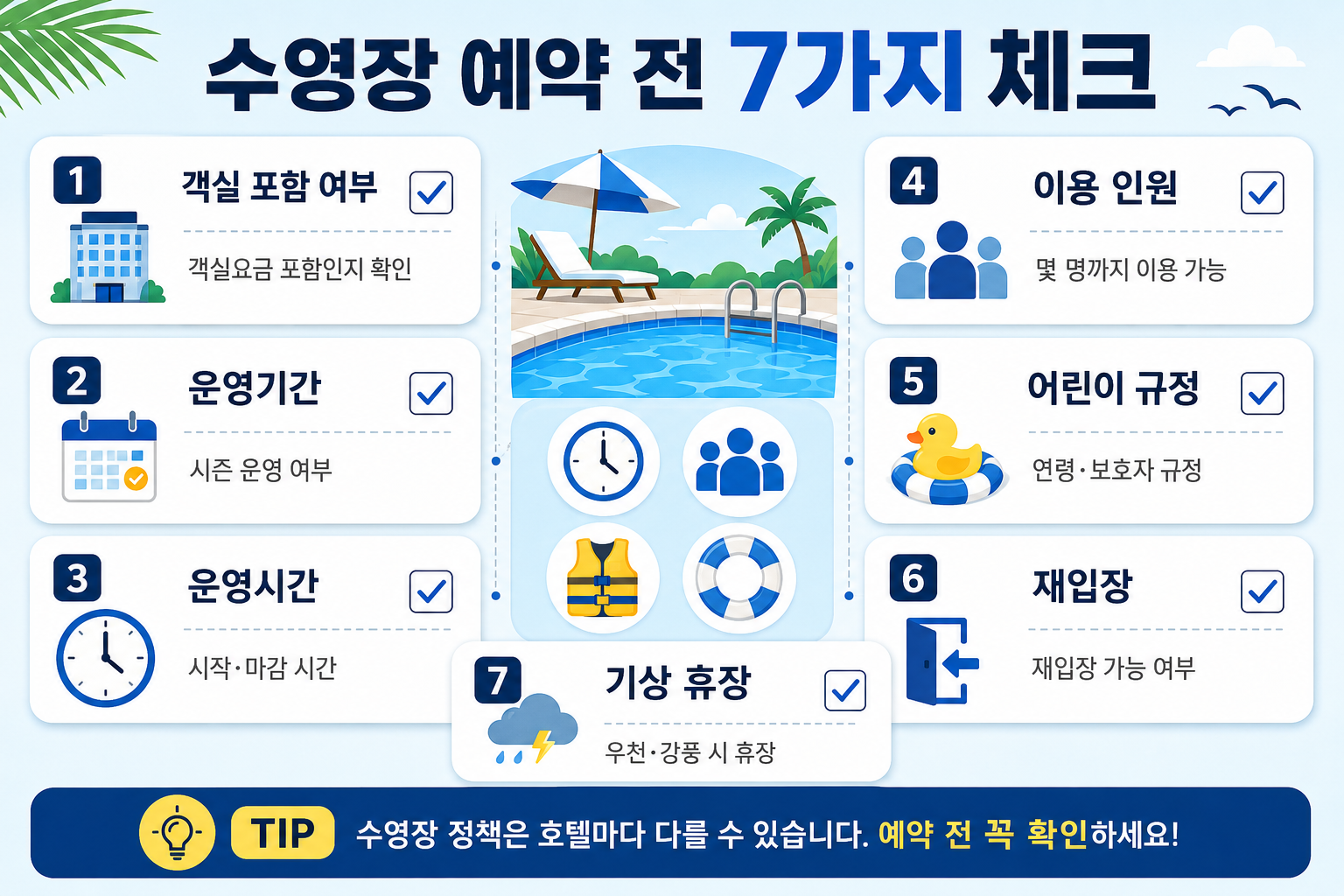 수영장 가성비 호텔 예약 전 포함여부 운영기간 시간 인원 어린이 규정 재입장 기상조건 체크리스트