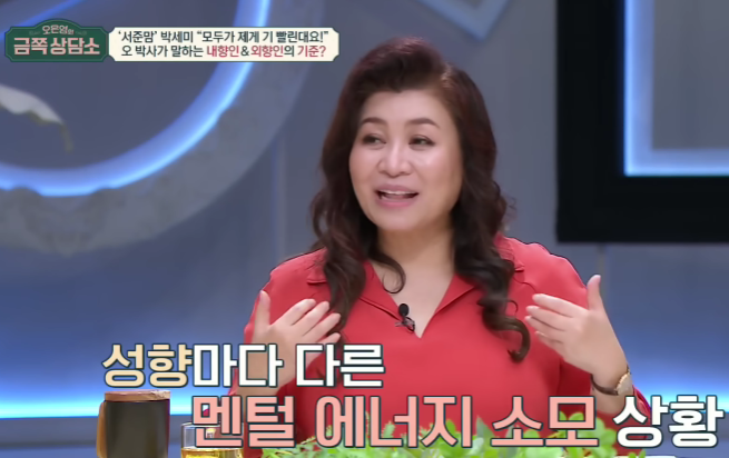 성향에 따라 서로 다른 정신 에너지 소모 상황을 설명하는 심리 및 부모교육 방송 장면
