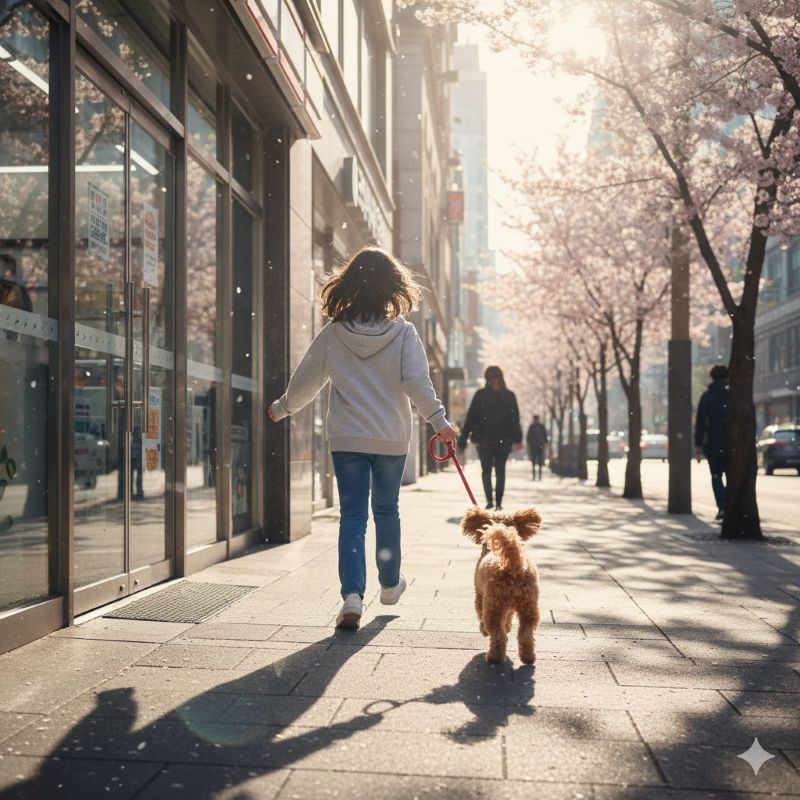 벚꽃이 흩날리는 시내 거리, 편의점 앞을 여학생과 함께 신나게 뛰어가는 카라멜색 말티푸의 뒷모습