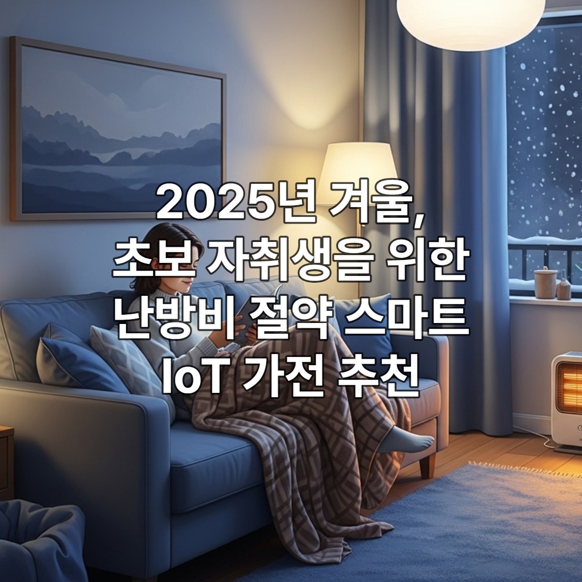 2025년 겨울, 따뜻하고 포근한 스마트 IoT 자취방에서 난방비 걱정 없이 편안하게 쉬는 초보 자취생의 모습. 스마트 온도 조절기, 플러그, 히터가 조화롭게 배치되어 있다.