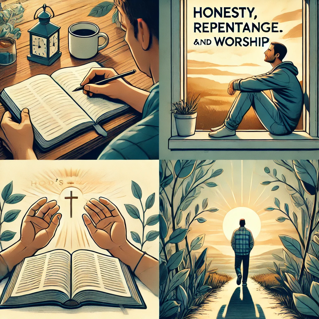 욥기 2:3 말씀을 따라 정직하고, 죄에서 떠나며, 주님을 예배하는 삶을 깊이 묵상하는 하루의 모습이 담긴 이미지가 있습니다. 따뜻한 햇살과 평온한 분위기가 하나님께서 인도하시는 은혜의 과정과 영적 성장을 상징하며, 하루 동안 지속적으로 하나님을 바라보며 변화되려는 결단이 잘 표현되었습니다. 🙏📖✨