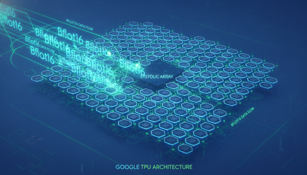 TPU의 핵심 아키텍처인 시스톨릭 배열과 Bfloat16 연산 최적화를 시각화한 이미지