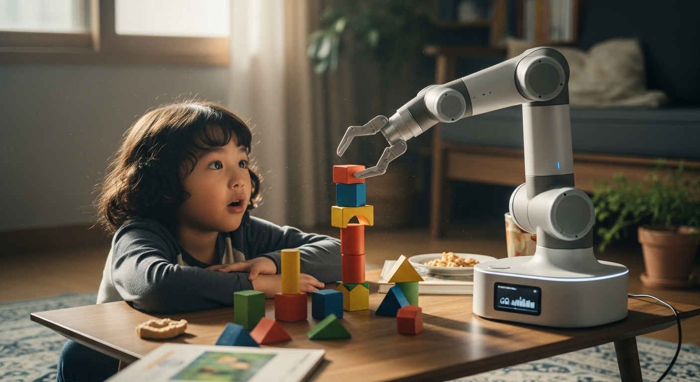 child curiously playing with an intelligent robotic arm at home