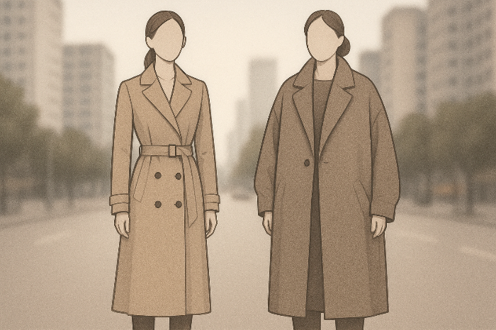 오버사이즈 롱코트와 클래식 롱코트의 실루엣 차이를 보여주는 2025 겨울 패션 이미지.