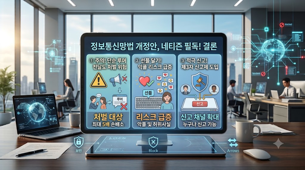 개정 정보통신망법 시행에 따른 일반 인터넷 이용자 가이드를 담은 인포그래픽으로, 단순 루머 전달 주의, 악플 리스크 급증, 제3자 신고제 적극 활용 등 네티즌 수칙 3가지를 설명하는 태블릿 화면 이미지