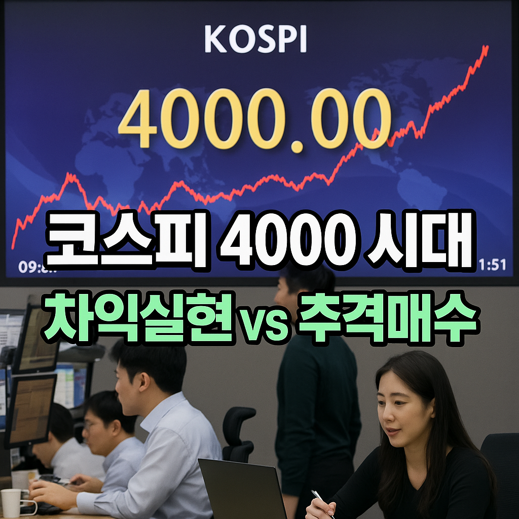 여의도 증권사 전광판에 코스피 4000 지수가 표시된 장면