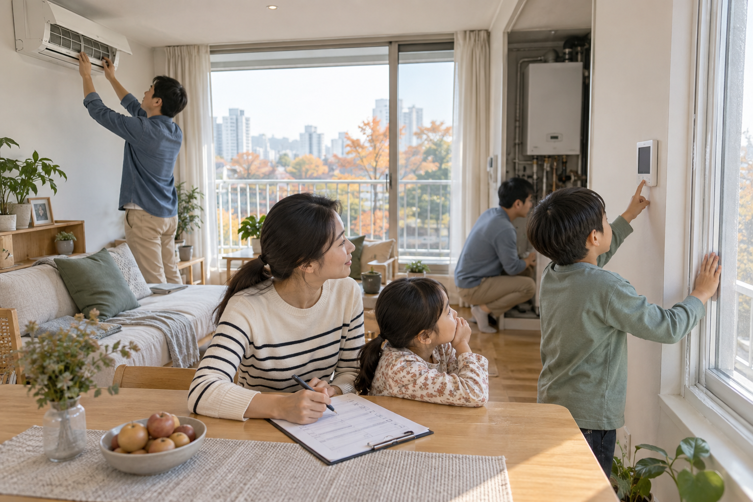에어컨과 보일러, 창문 단열 상태를 확인하는 가족