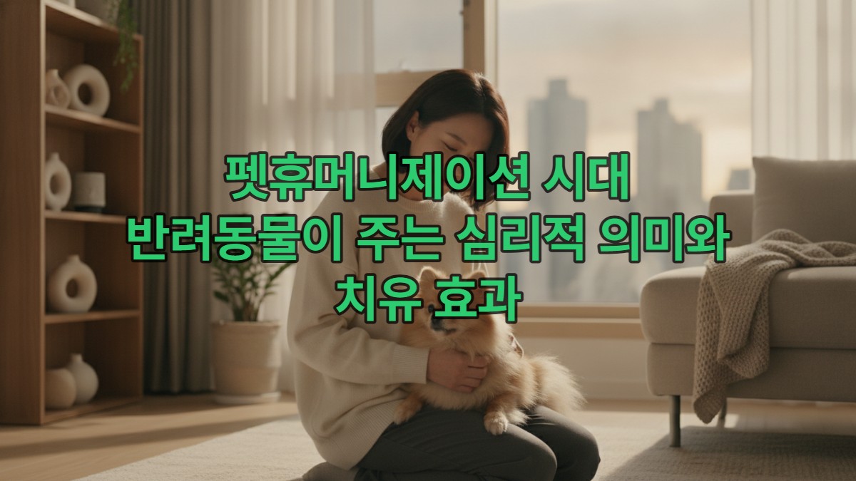 따뜻한 햇살이 드는 거실에서 반려견을 다정하게 쓰다듬는 한국인 보호자의 모습, 깊은 유대감과 위로를 상징.