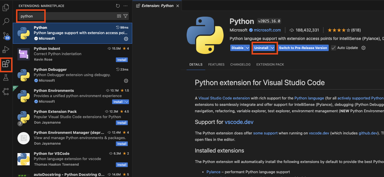 VS Code에서 Extensions에 python검색 후 install하는 화면