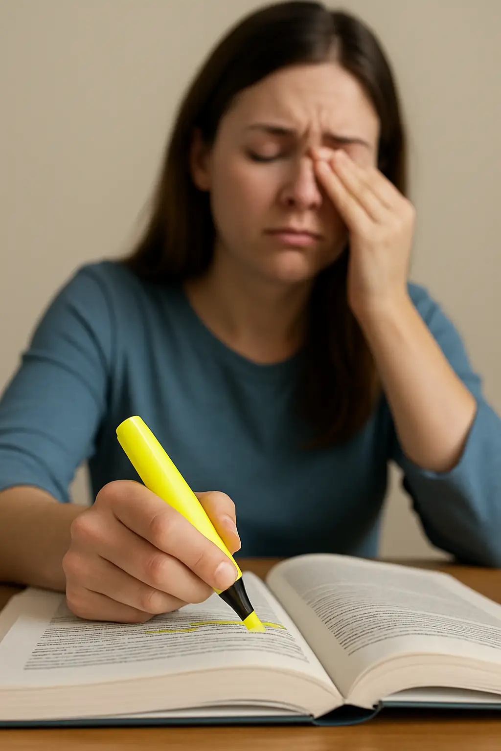 노란-형광펜으로-책을-표시하면서-눈의-피로를-느끼는-여성