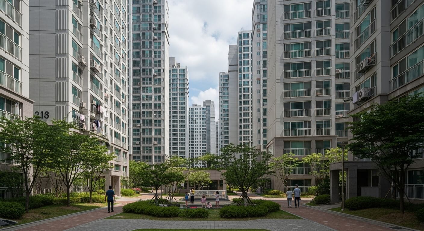한국 아파트 단지 전경과 장기수선충당금이 적용되는 공동주택 모습