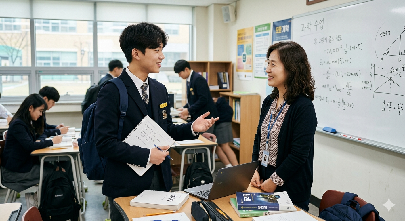 선생님과 이야기를 나누고있는 남자학생의 모습