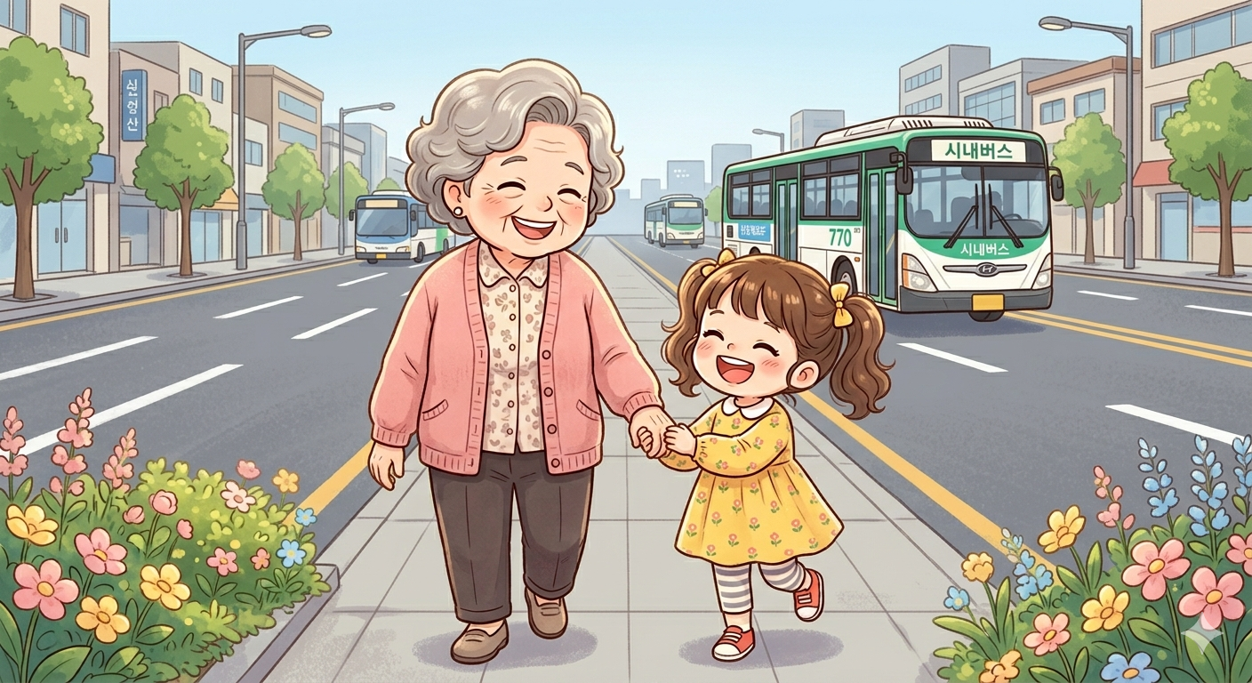 대중교통을 이용하는 할머니와 손녀