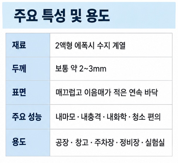 에폭시 라이닝의 재료 두께 표면 성능 주요 용도를 표로 정리한 이미지