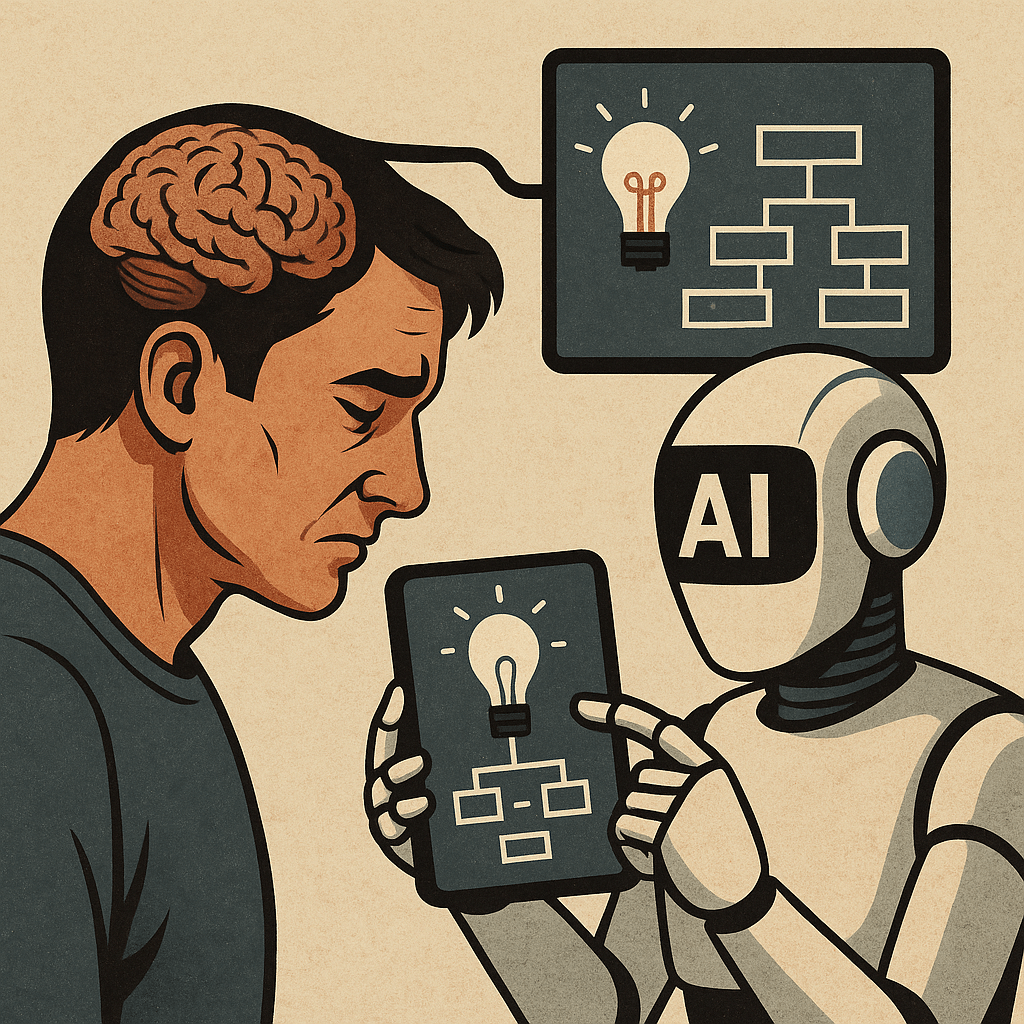 AI가 아이디어를 제시하고 있는 동안 인간의 뇌가 점점 줄어드는 모습을 통해 사고력 저하를 상징적으로 표현한 일러스트
