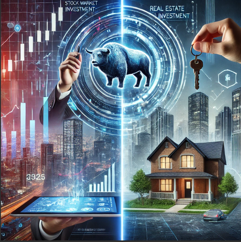 반으로 나누어 왼쪽엔 주식, 오른쪽엔 부동산을 나타내는 그림