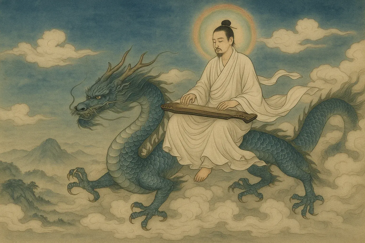 고신이 용을 타고 순행하며 음악을 연주하는 장면을 형상화한 동양화 스타일 이미지