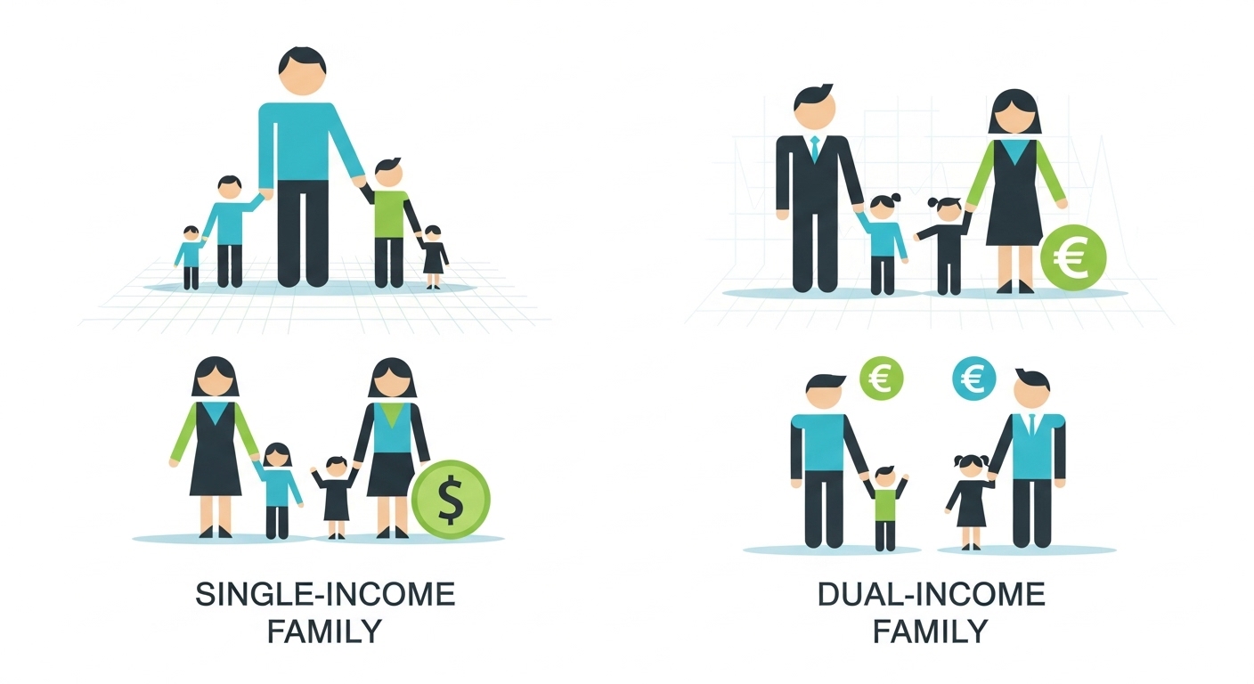 2026년 가구 유형별 소득 요건(단독, 홑벌이, 맞벌이) 안내 차트