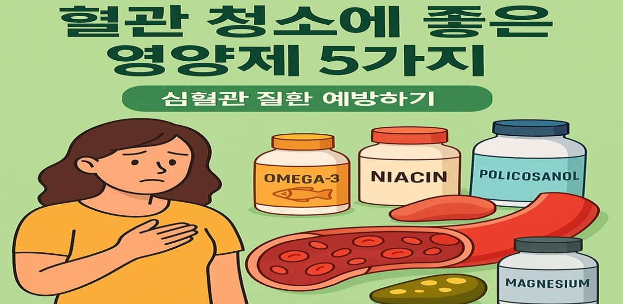 가슴을 짚고 있는 여성과 오메가3, 나이아신, 폴리코사놀, 마그네슘, CoQ10 영양제 병이 나열된 심혈관 건강 인포그래픽