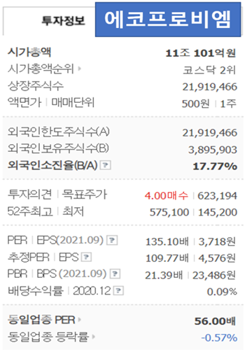에코프로비엠의 시가총액 등 정보가 표기된 투자 정보