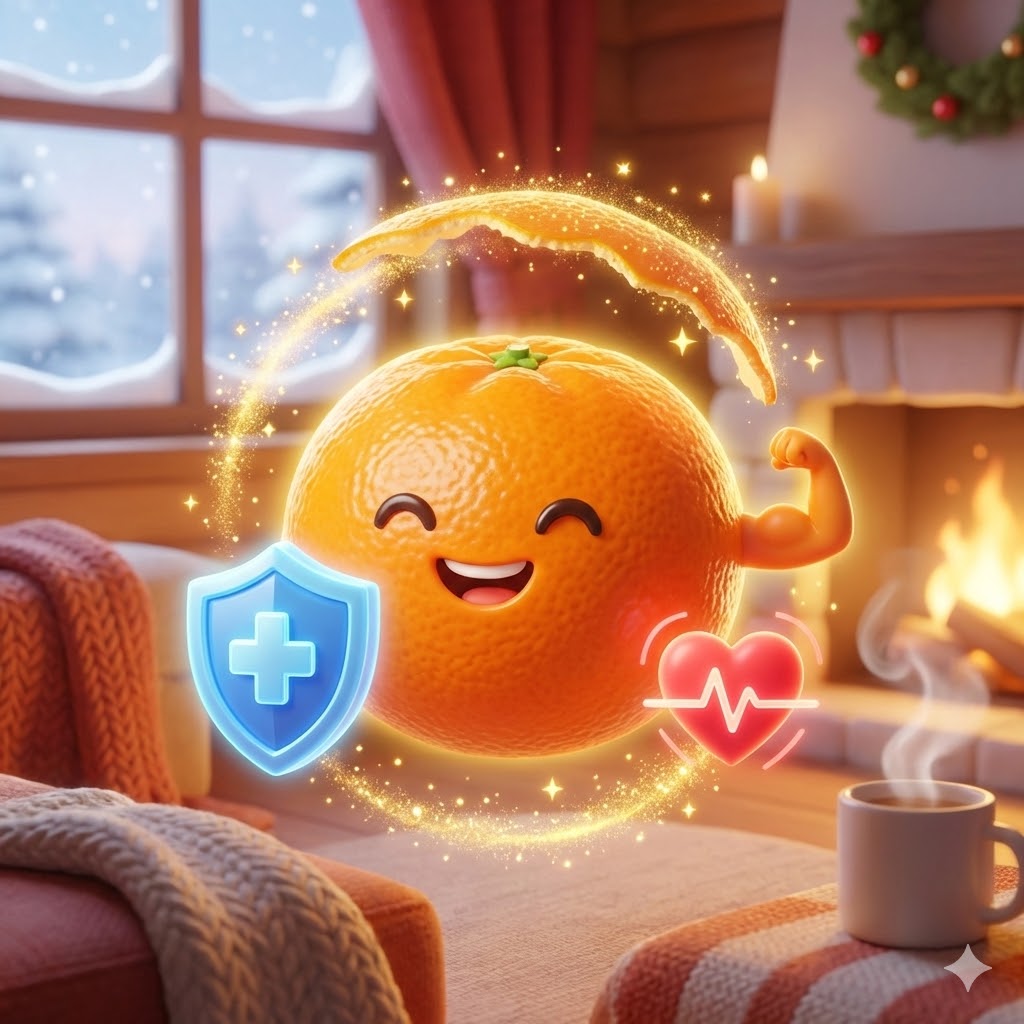 활짝 웃는 귀여운 귤 캐릭터가 면역력, 심혈관 건강, 피부 미용 등 다양한 건강 효능을 상징하는 빛나는 요소들에 둘러싸여 힘을 자랑하는 모습