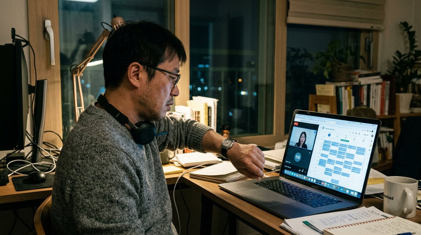 무료 상담 일정으로 가득 찬 캘린더 화면 앞에서 손목시계를 보는 남성
