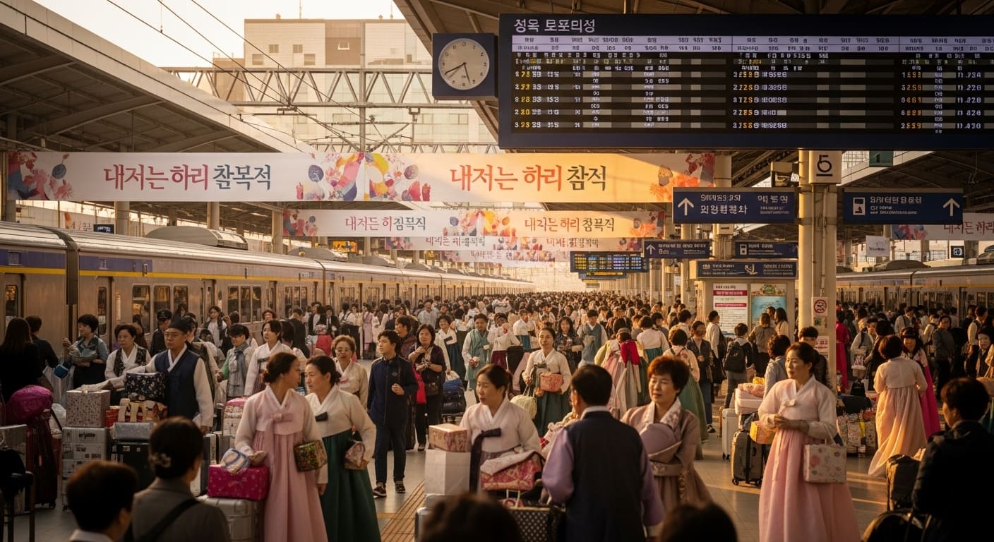 추석 귀성객으로 붐비는 기차역 대합실