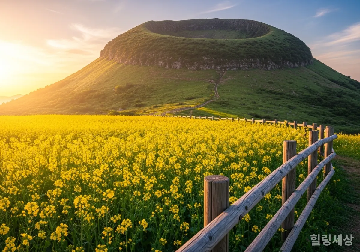 성산일출봉을 배경으로 펼쳐진 노란 유채꽃밭의 해 질 녘 풍경