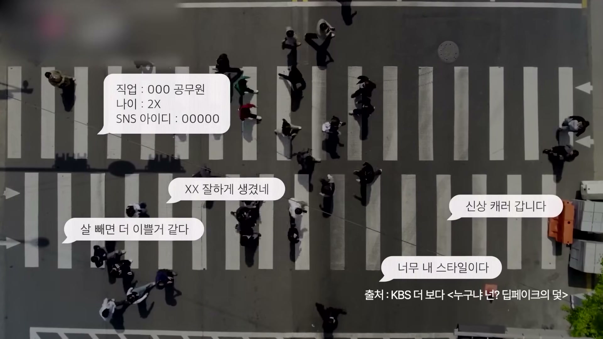 횡단보도 위 군중 위로 직업&middot;나이&middot;SNS 아이디를 묻는 채팅 풍선들이 떠 있는 합성 이미지