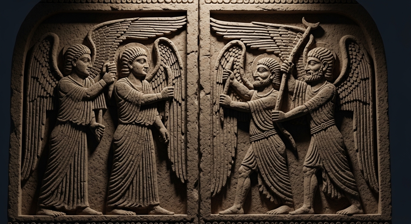 고대 유물처럼 보이는 돌판에 새겨진 천사들의 전쟁 모습. 선과 악의 천사들이 얽혀있는 복잡한 조각으로, 영화 속 예언과 갈등을 상징.