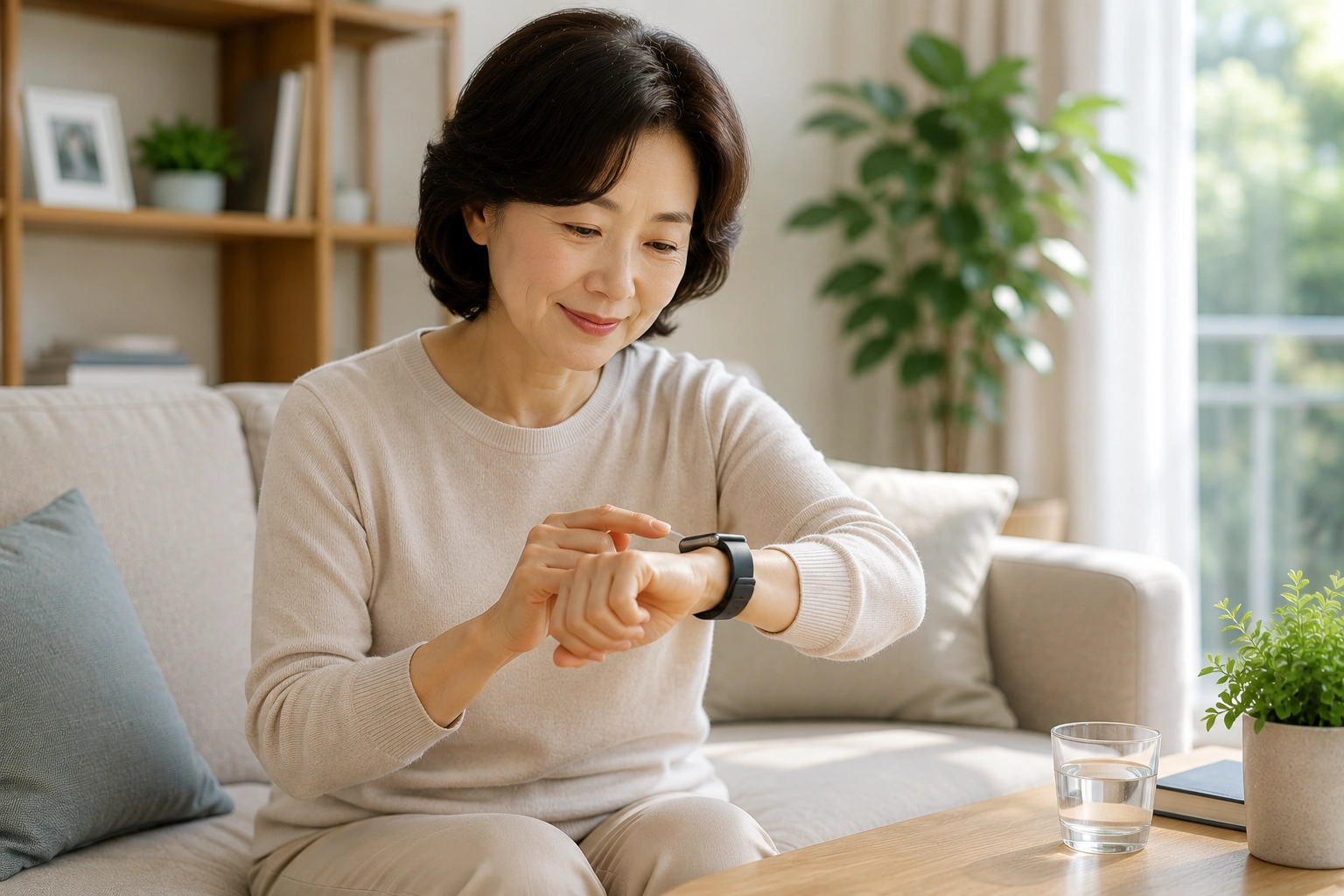 스마트워치로 건강을 확인하는 중장년 여성