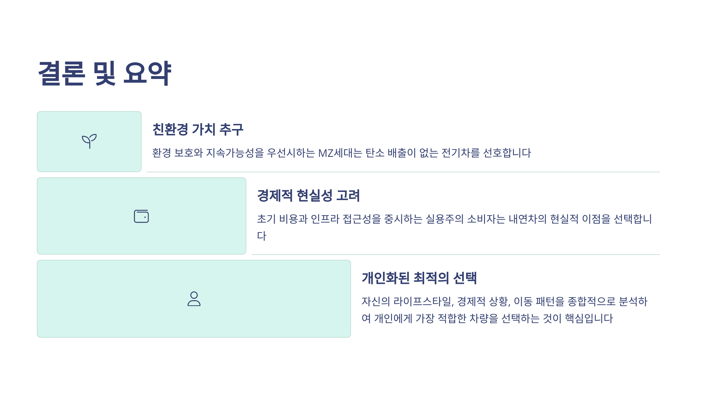 결론 및 요약이라는 주제 아래, 친환경 가치 추구, 경제적 현실성 고려, 개인화된 최적의 선택 이라는 단어 계단식 그래프 이미지