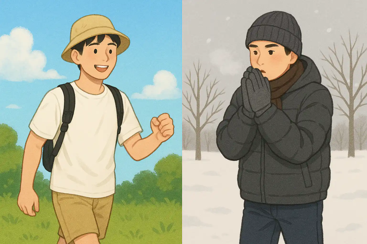 밝은 통기성 옷과 모자를 쓰고 야외 활동하는 사람, 귀·손·발을 따뜻하게 보호하는 복장을 한 사람