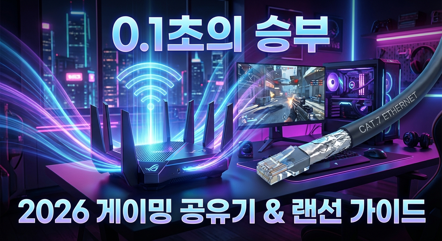 2026년형 Wi-Fi 7 게이밍 공유기와 CAT.7 랜선이 연결된 미래적인 게이밍 룸 배경의 썸네일 이미지. 상단에 '0.1초의 승부', 하단에 '2026 게이밍 공유기 & 랜선 가이드'라는 문구가 있다.
