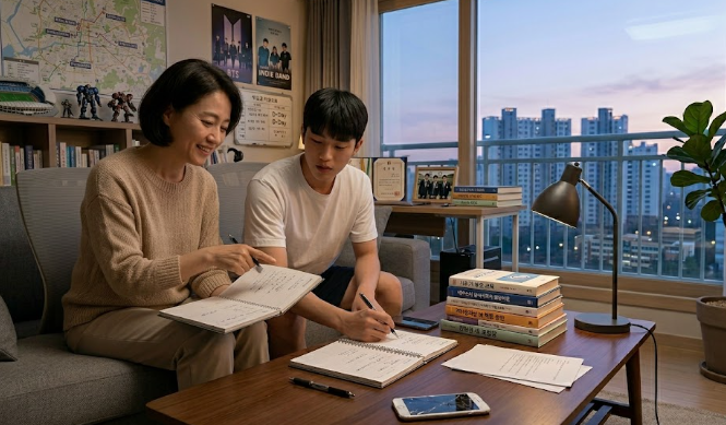 엄마가 사춘기 아들과 나란히 앉아 함께 주간 플래너를 짜며 대화하는 모습