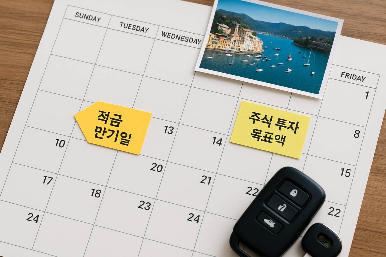 달력 위에 적금 만기일과 주식 투자 목표액 메모가 붙어 있음.