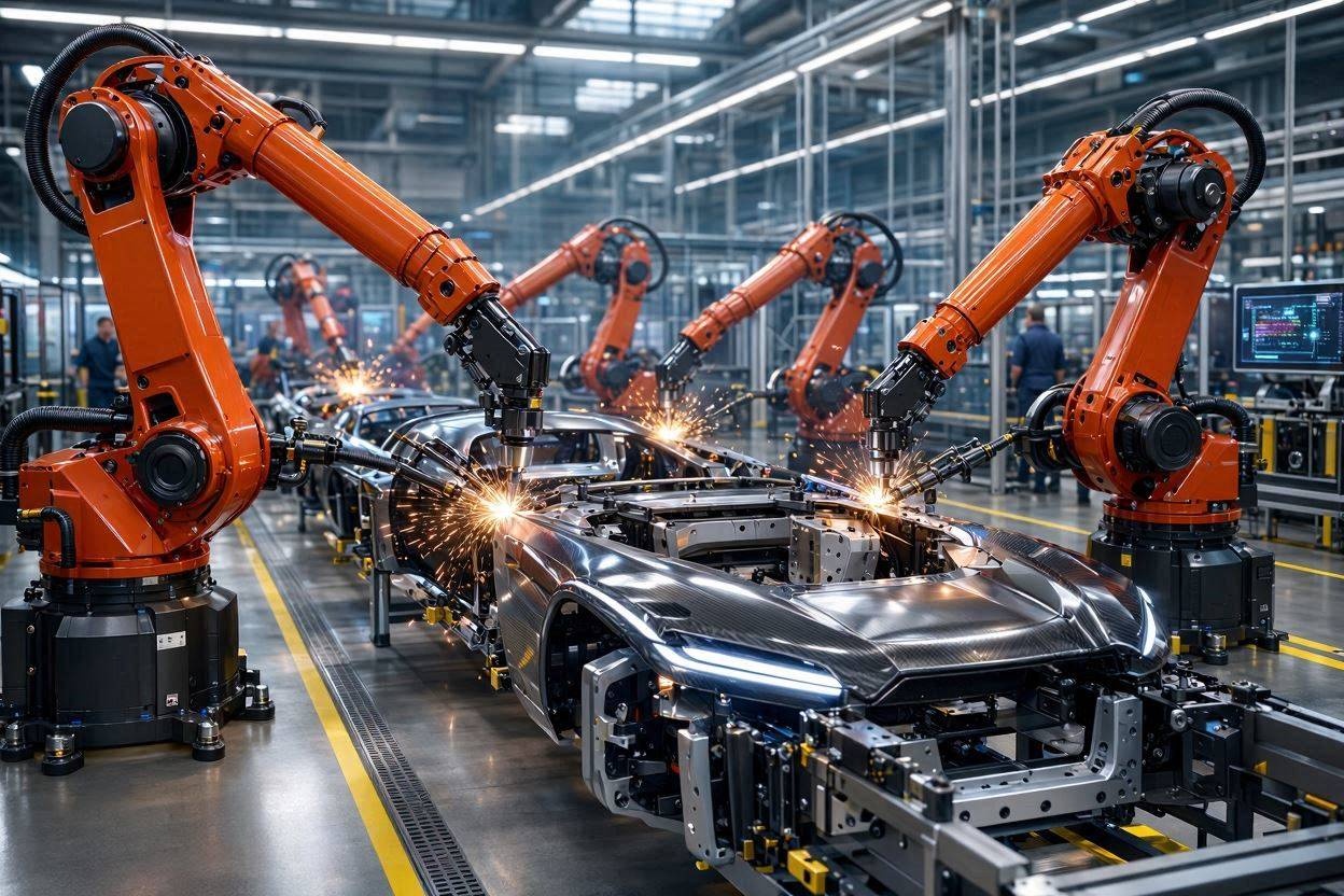 Advanced automotive manufacturing plant with bright orange industrial robotic arms precisely welding a car chassis.