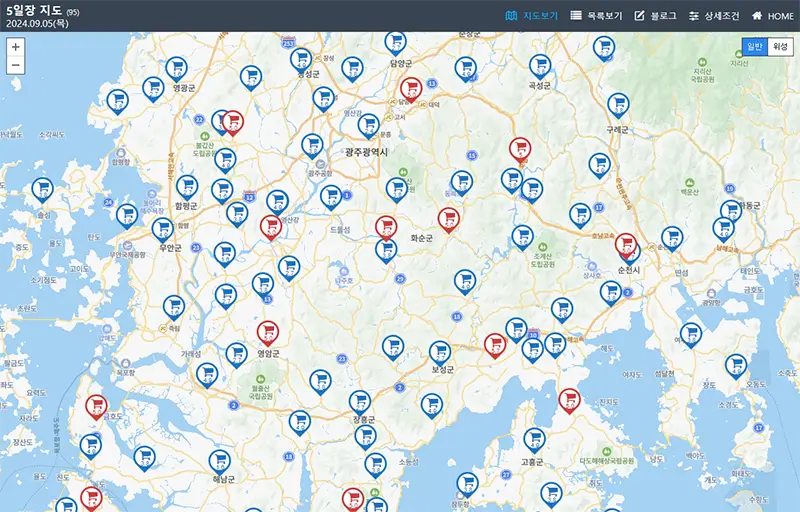 광주 전남지역 오일장 지도 바로가기