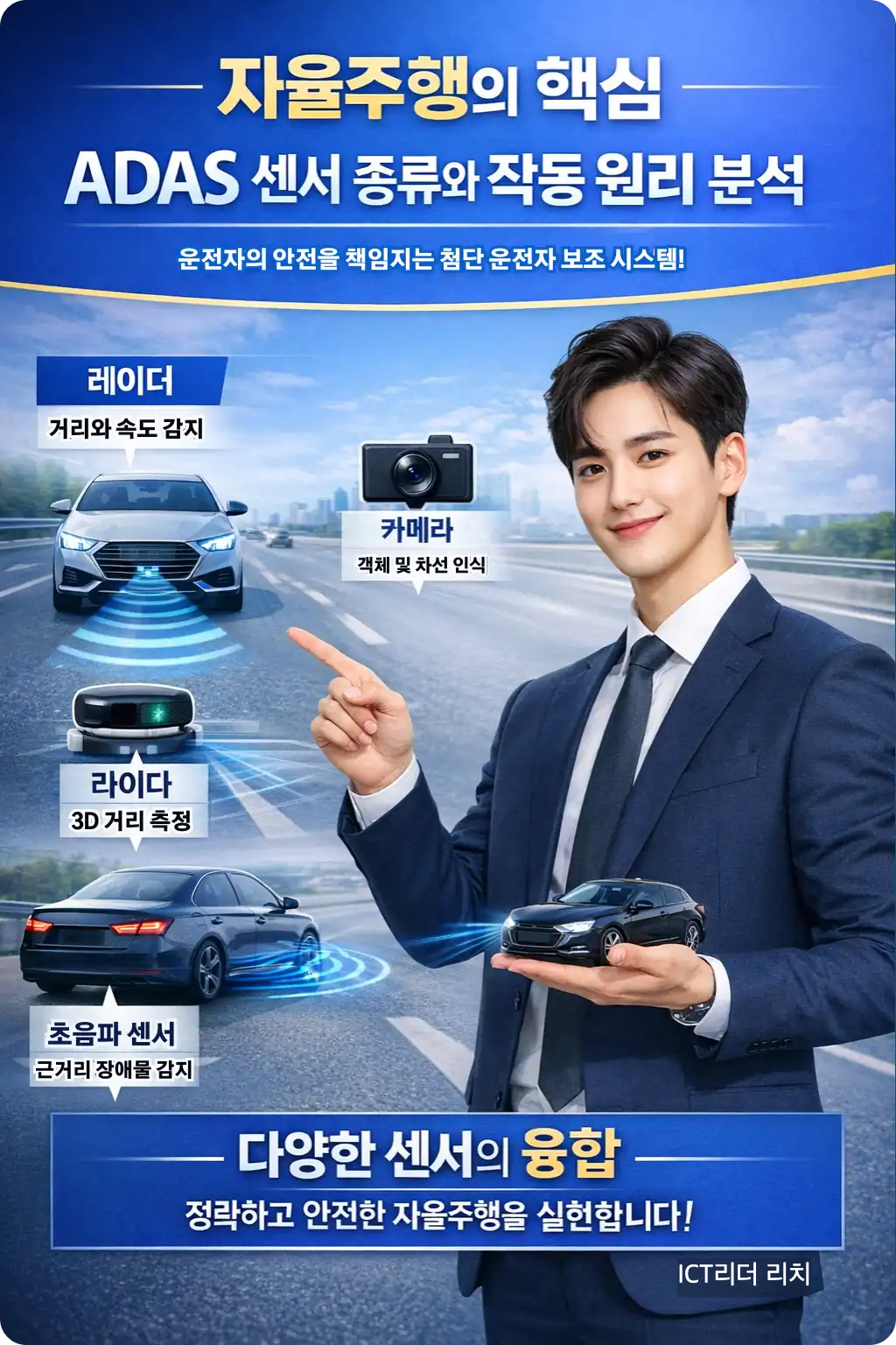 ADAS 센서 기술을 해설하는 20대 남성 전문가 인포그래픽, 자율주행 원리 시각화, 한국어 정보 포함 고퀄리티 디자인