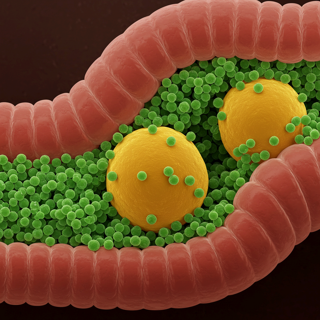 소장 모형 내에서 녹색의 작은 구슬들이 노란색 지방 덩어리를 둘러싸고 있는 현미경 이미지. 지방을 흡착해 배출시키는 미세 다이어트 구슬 기술의 원리를 시각화합니다.